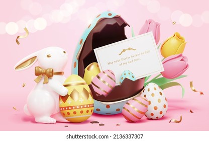 Cute cartoon Easter illustration. 3d composition of tulip flowers, greeting card, cute porcelain rabbit decoration, and large chocolate egg full of little foiled eggs. Concept of surprise gifts. - Powered by Shutterstock