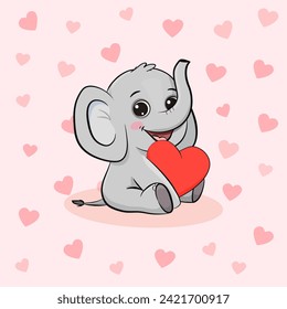 Cute cartoon elephant sitting with red heart isolated on pink background with hearts. Postcard for Valentine's Day, Mothers day. - Powered by Shutterstock