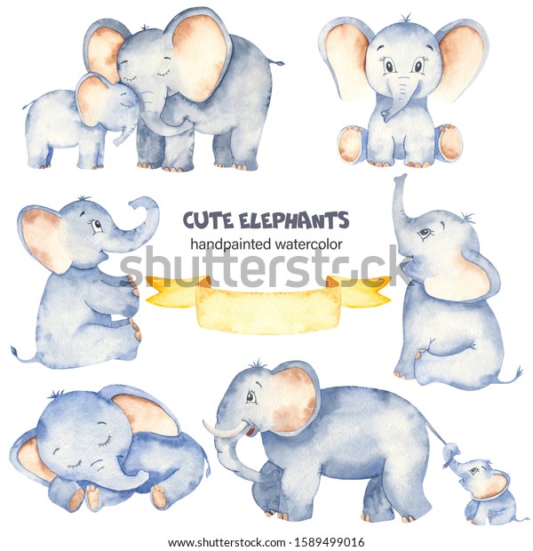 かわいい象 子どもの動物 お母さん お父さんの象が座って眠っている 水彩画セットクリップアート のイラスト素材