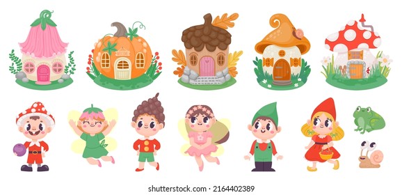 Cute cartoon fairies, elves and gnomes, fairytale houses. Magic flower fairy princess, gnome with mushroom hat. Fantazy character  set. Illustration of elf and gnome, cute home fairytale