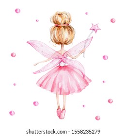 Cute cartoon fairy in pink dress with magic wand standing back; watercolor hand draw illustration; with white isolated background