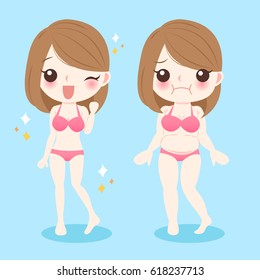 cute cartoon fat and slim woman wear bikini on blue background