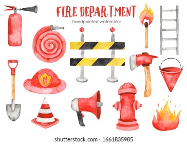 Cute Cartoon Fire Equipment For Kids. Watercolor Fire Station Set Clipart