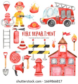 Cute Cartoon Fire Station, Fireman, Fire Truck And Fire Equipment. Watercolor Set Clipart For Kids