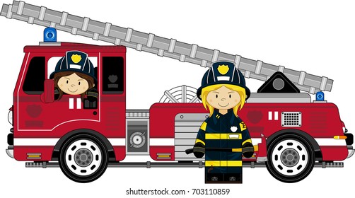 Cute Cartoon Fireman Fire Engine Stock Vector (Royalty Free) 617278226