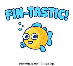 Cute Cartoon Fish With Text Fin-Tastic. Funny Fish Pun Clip Art Illustration, Motivational Greeting Card Text.