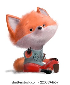 Cute cartoon fox character and coffee cup