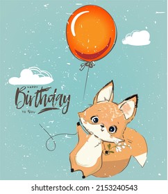 Cute Cartoon Fox Fly On Red Balloon