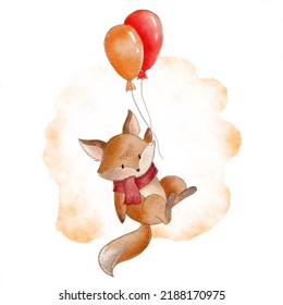 Cute Cartoon Fox Flying On Balloons; Watercolor Hand Draw Illustration; Can Be Used For Baby Shower And Cards; With White Background