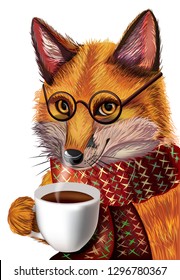 cute cartoon fox with glasses. Fox drinking hot coffee winter background. Character fox. Good fox for destgn.