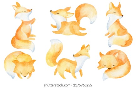 Cute cartoon fox set. Funny red fox collection. Animal emotion. Animal cartoon character design.Watercolor illustration isolated on white background.