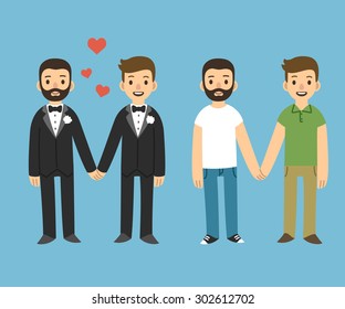 cute cartoon gay couple in wedding tuxedos and casual clothes - Powered by Shutterstock