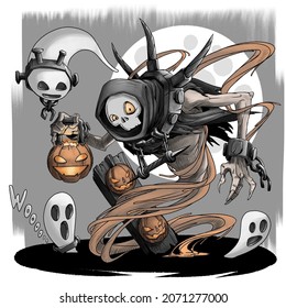 Cute Cartoon Ghost With A Skull On His Face Climbs In Hood Out Of The Grave With A Lamp Pumpkin Flashlight In The Light Of The Big Moon And Other Ghosts