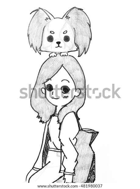 Cute Cartoon Girl Her Dog Papillon のイラスト素材