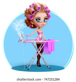 Cute Cartoon Girl Ironing, Getting Dressed For A Night Out, 3D Illustration