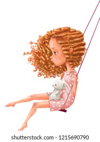 cute cartoon girl on swing with hare