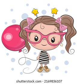 Cute Cartoon Girl With Pink Glasses And Balloon