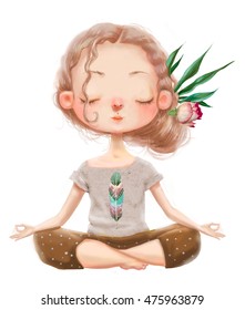 cute cartoon girl in yoga lotus pose
