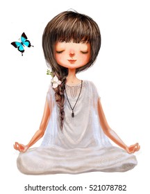 Cute Cartoon Girl In Yoga Lotus Pose