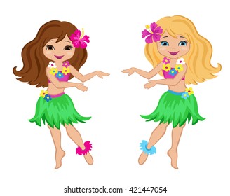 Cute cartoon girls in traditional Hawaiian dancer costume.Raster copy.