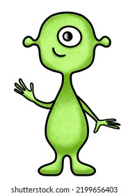 Cute Cartoon Green Alien Waving Hand