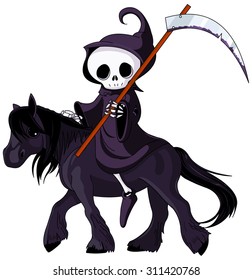 Cute Cartoon Grim Reaper With Scythe Riding Black Horse