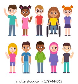 Cute Cartoon Group Of Children. Diversity And Inclusion Clip Art Illustration Set. Kids Of Different Cultures And Skin Color, Disabled Child.