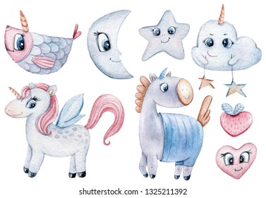 Cute cartoon hand painted set of unicorns. Lovely watercolor fish, star, clouds, moon.