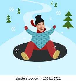 Cute Cartoon Happy Boy Wearing Warm Winter Clothes Having Fun Outdoors. Illustration With Girl's Portrait. Contemporary Art Collage. Inspiration, Idea, Fashion And Style. Funny Sticker Design.