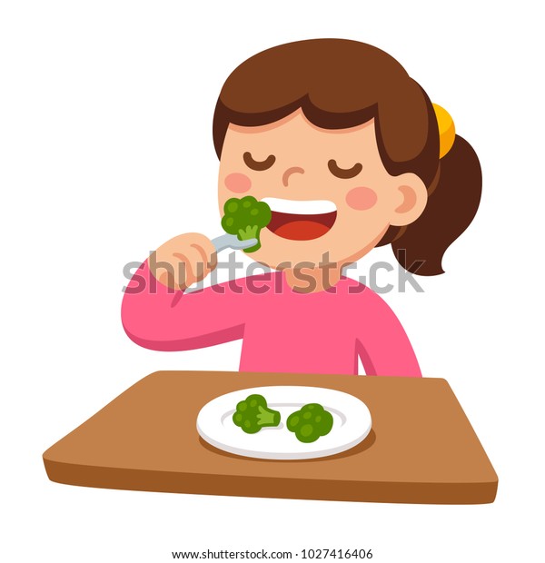ブロッコリーを食べている可愛い漫画の幸せな女の子 健康な野菜や子ども向けのイラスト のイラスト素材
