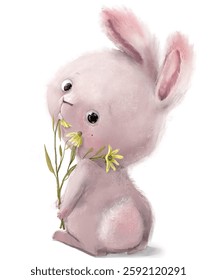 cute cartoon hare with camomile bouquet