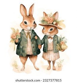 Cute cartoon hares, wedding couple of bunnies. Watercolor illustration vintage victorian style. Cottage core - Powered by Shutterstock