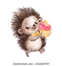 Cute cartoon hedgehog with a cupcake, watercolor illustration, little hedgehog, baby greeting card - Powered by Shutterstock