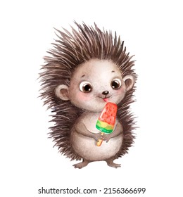 Cute cartoon hedgehog with ice cream, watercolor illustration, little hedgehog, baby print - Powered by Shutterstock