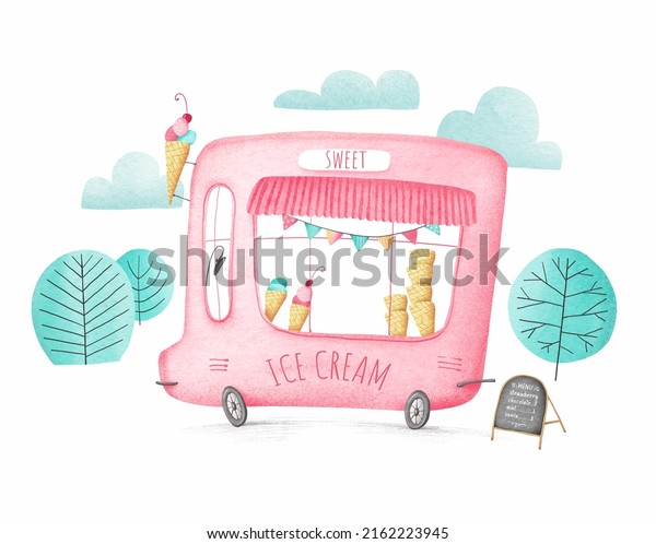 Cute cartoon ice cream truck on white\
background. Pink ice cream bus. Stock\
illustration.