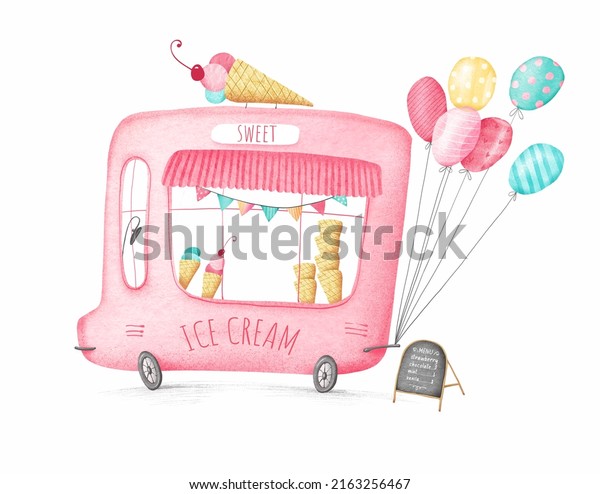 Cute cartoon
ice cream truck on white background. Pink ice cream bus with
colored balloons. Stock
illustration.	