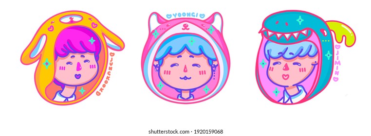 Cute cartoon idol boys bts stickers. Chibi: Jungkook, Yoongi, Jimin. Seoul, South Korean OPPA pop fan. For greeting card, t-shirt, tag, sticker, tag, bag for printing, keychain. 