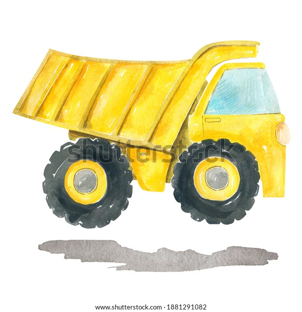 Cute cartoon\
illustration of construction yellow dump truck. Hand painted\
watercolor children\'s\
design
