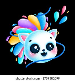 Cute Cartoon Kawaii Cat Illustration With Colorful Mohawk Made Of Drops Isolated On Black Background