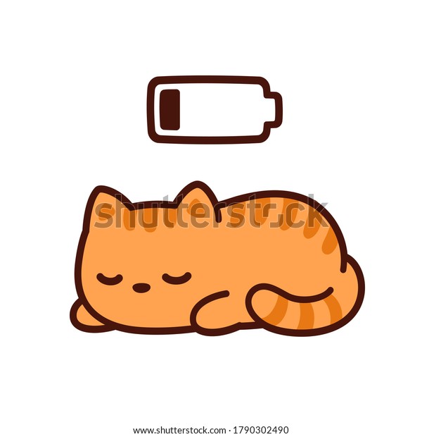 バッテリー充電でパワーナップするかわいい漫画の子猫 かわいい寝ている猫の絵 クリップアートイラスト のイラスト素材