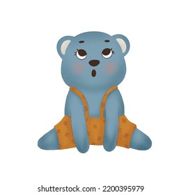 Cute Cartoon Little Blue Bear With Yellow Overalls