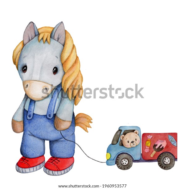 Cute\
cartoon little pony, horse in blue pants with toy truck. Watercolor\
illustration for children, isolated on\
white.