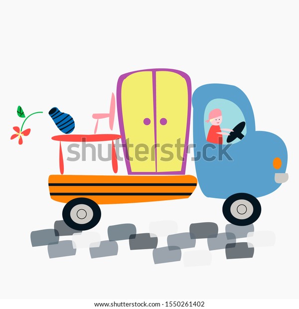 Cute cartoon\
lorry. Moving the house. Kids picture with auto speeding on the\
streеt for poster or children\'s\
bedroom