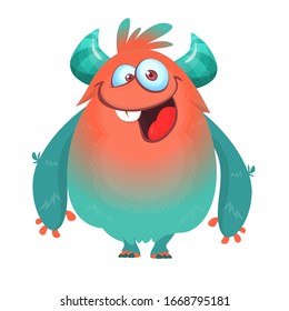 Cute Cartoon Monster With Horns. Smiling Monster Emotion With Big Mouth. Halloween Illustration