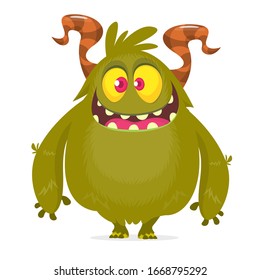 Cute Cartoon Monster With Horns. Smiling Monster Emotion With Big Mouth. Halloween Illustration