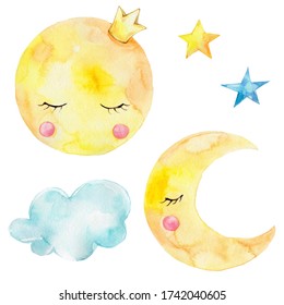 Cute Cartoon Moon And Stars And Cloud; Watercolor Hand Draw Illustration; Can Be Used For Baby Shower; With White Isolated Background