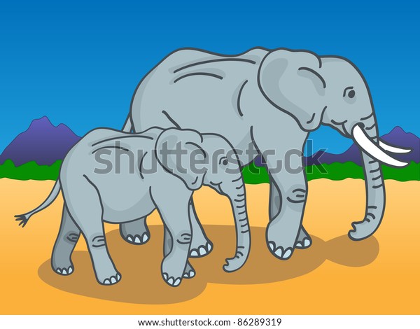 Cute Cartoon Mother Baby Elephants Walking Stock Illustration