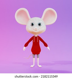 Cute Cartoon Mouse, 3d Render. Funny Mouse With Fur And Big Ears