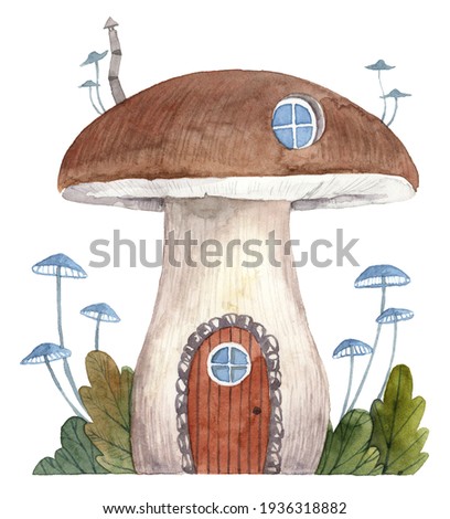 Cute cartoon mushroom house with window and wooden door. Forest fairytale. Hand painted watercolor illustration isolated on white. Edible mushroom