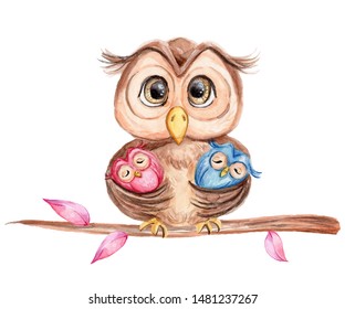Cute cartoon owl mom with two baby (girl and boy) sitting on branch; hand draw watercolor illustration; can be used for wear fashion design, baby shower invitation card; with white isolated background
